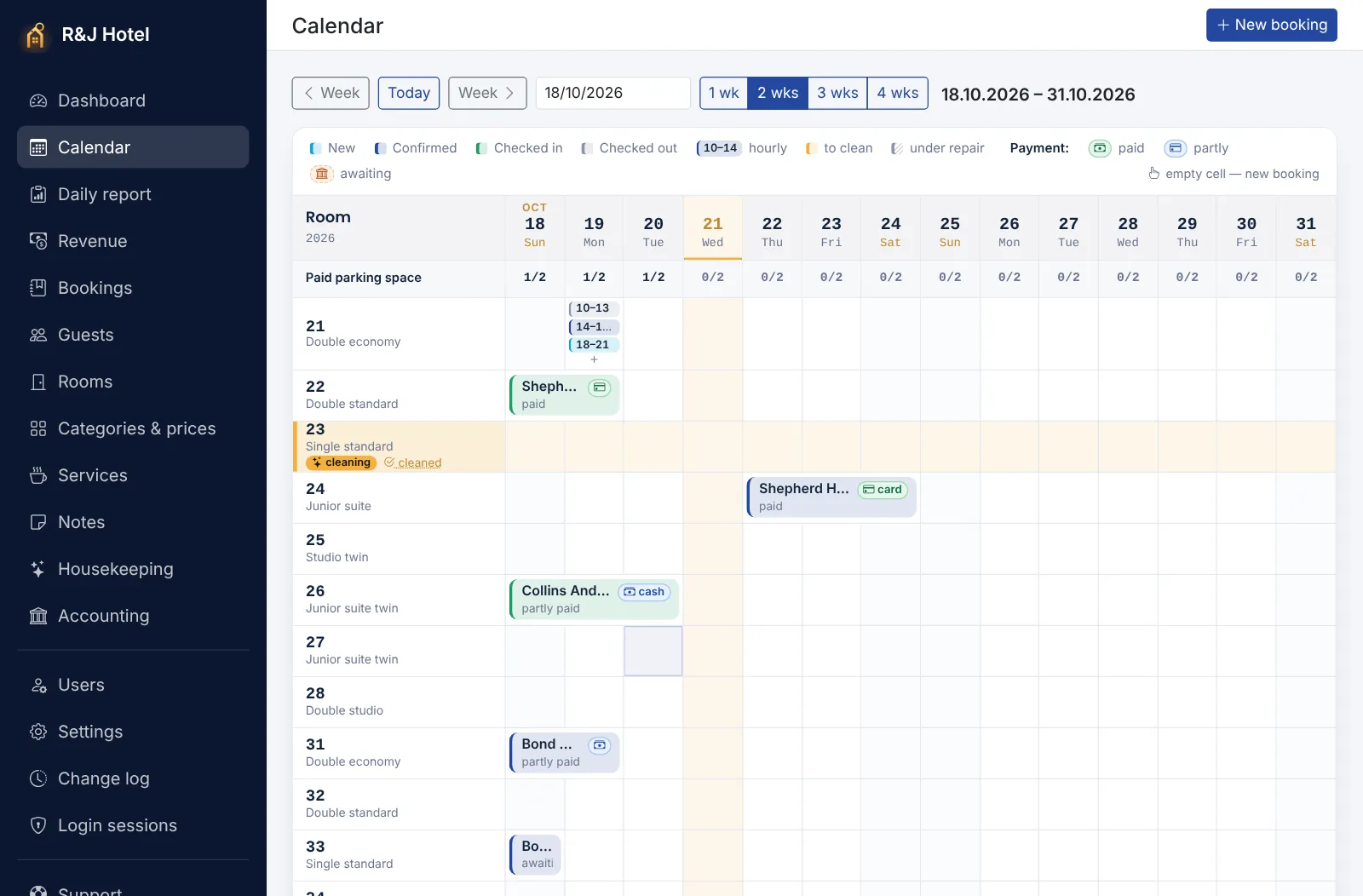 Roomsity calendar: rooms by day and bookings